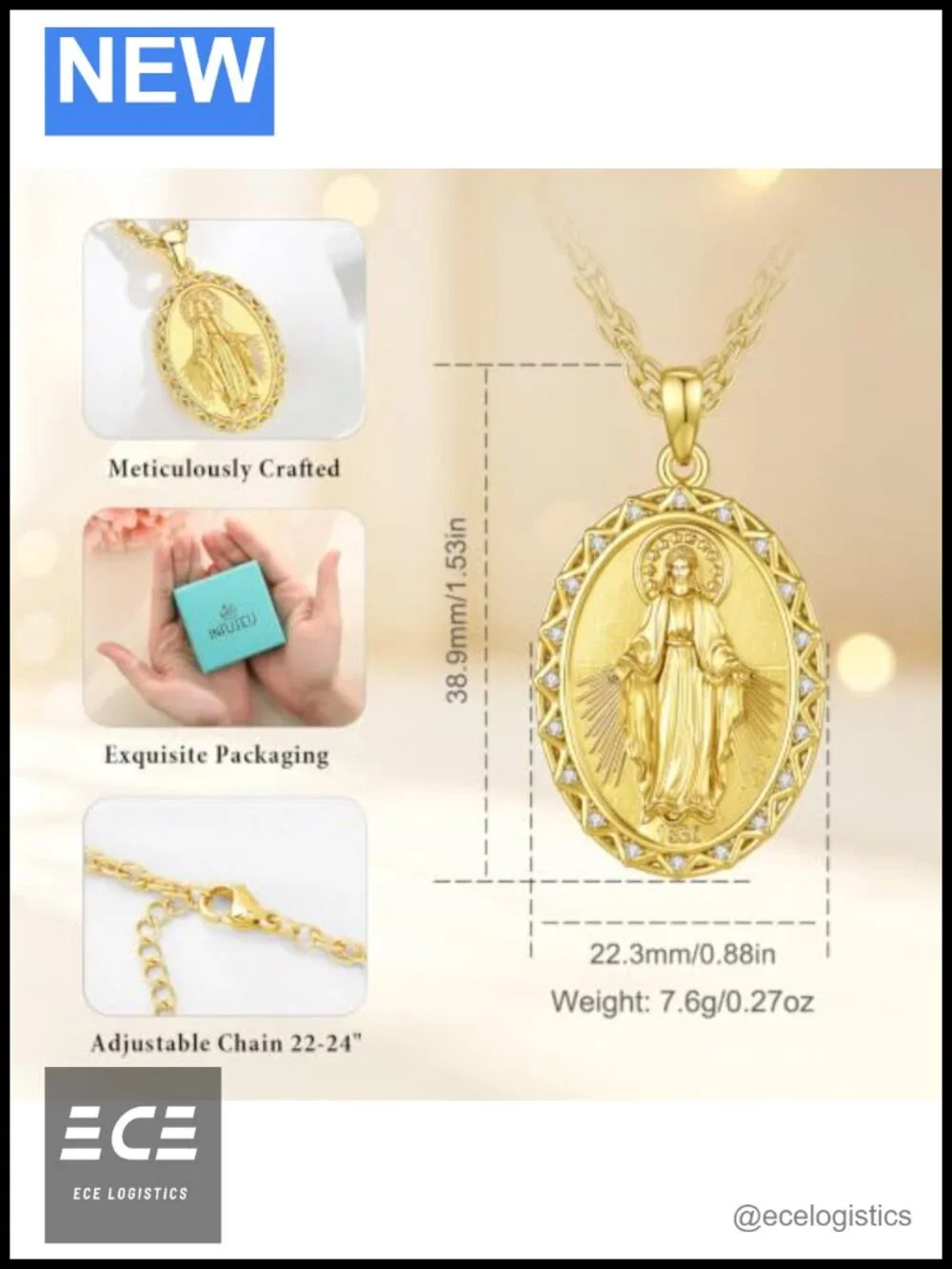 Miraculous Medal Necklace Gold Plated Stainless Steel Virgin Mary Pendant